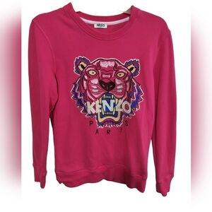 2156)Vtg Y2K KENZO Fuchsia Tiger Embroidered Cotton Pullover Sweatshirt Sz XS/S